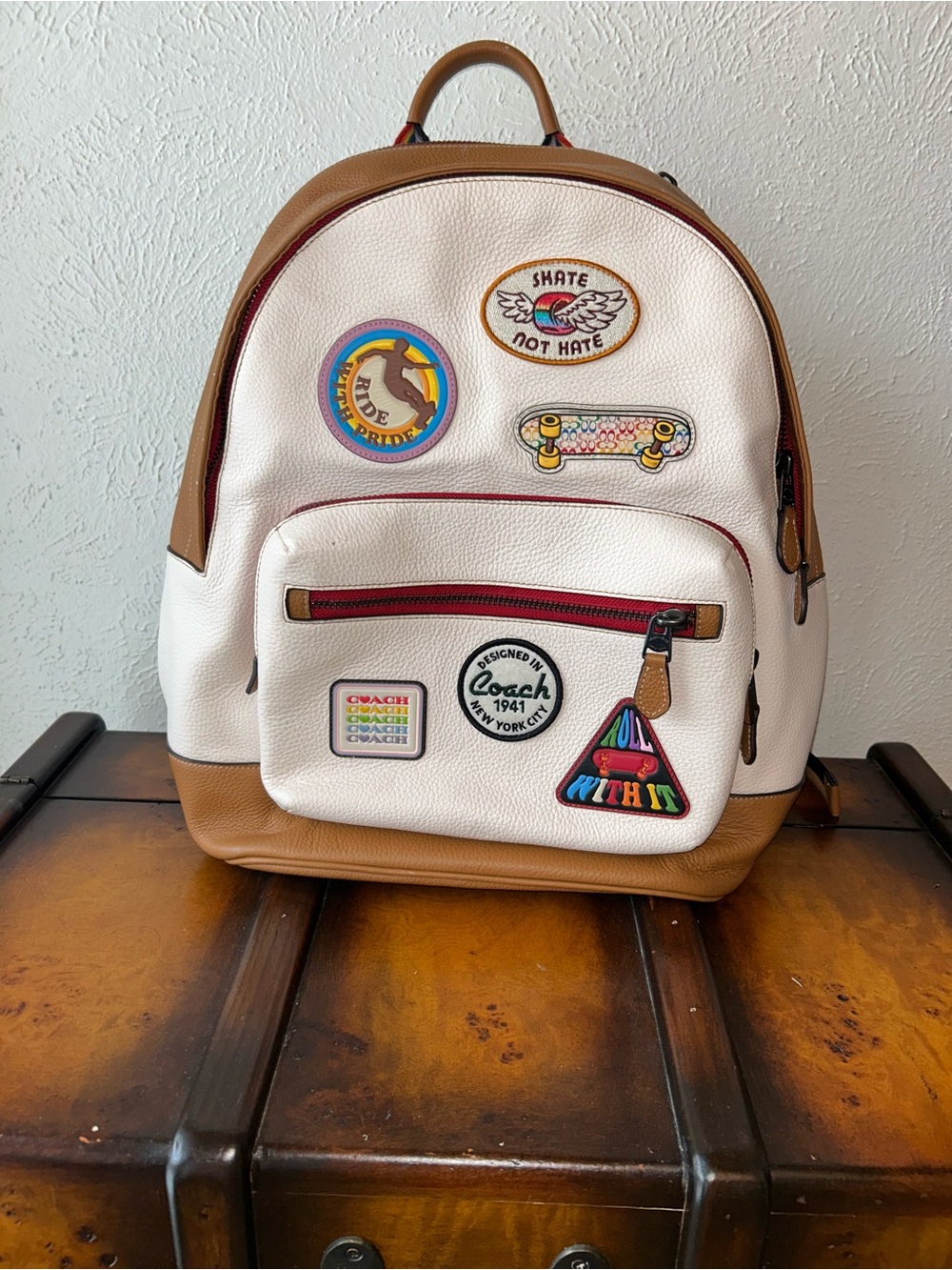 Coach White and Brown Leather Backpack with Patches